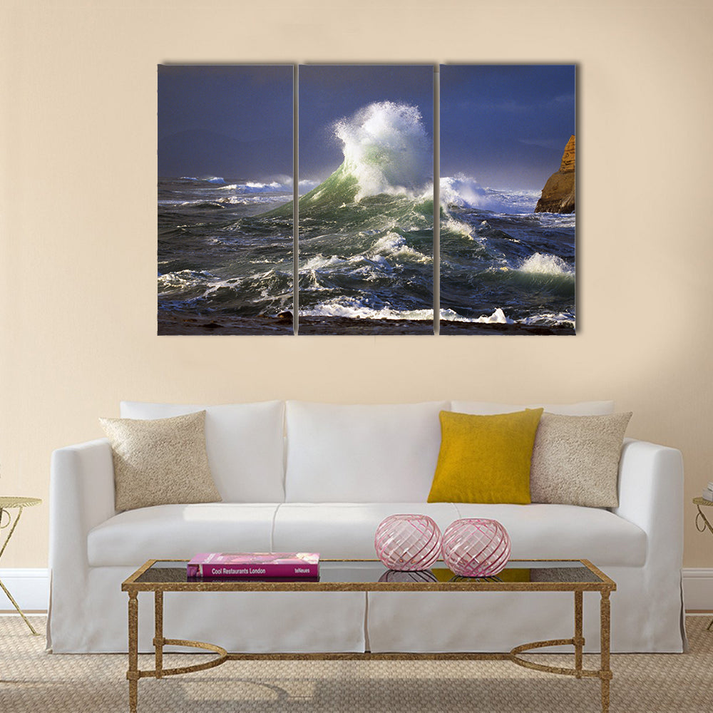Wave crashing, distant storm, Cape Kiwanda Multi Panel Canvas Wall Art
