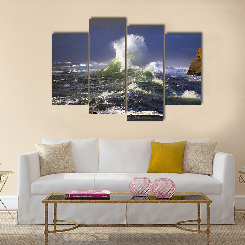 Wave crashing, distant storm, Cape Kiwanda Multi Panel Canvas Wall Art