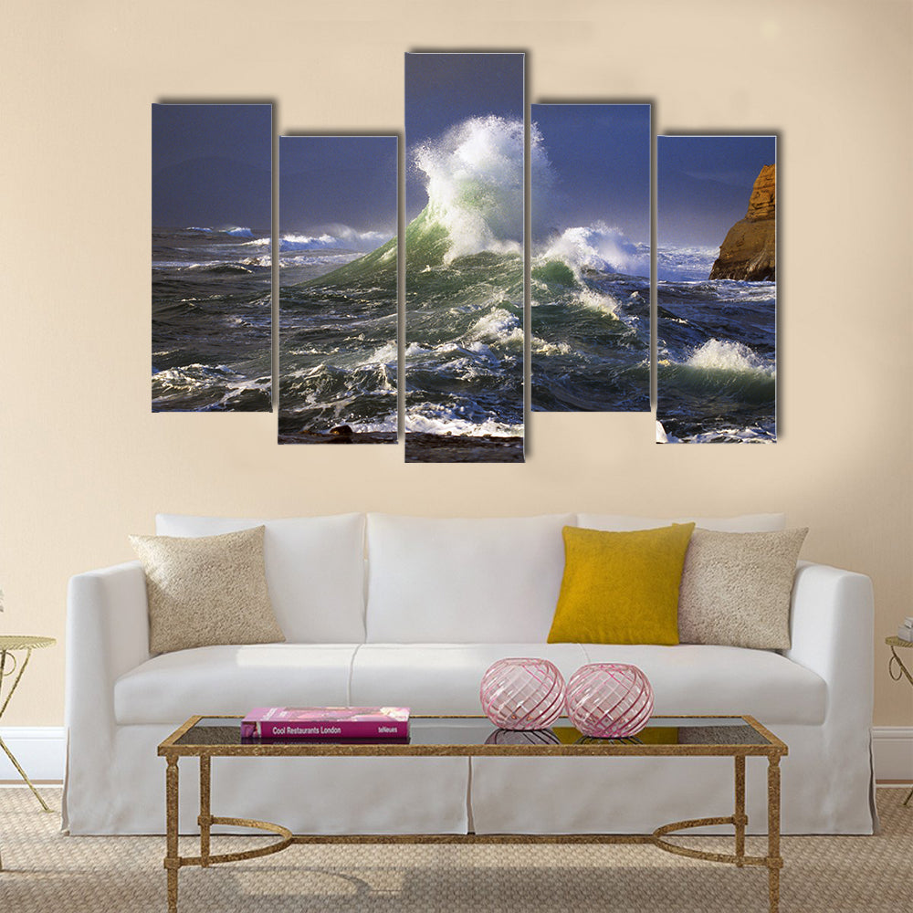 Wave crashing, distant storm, Cape Kiwanda Multi Panel Canvas Wall Art