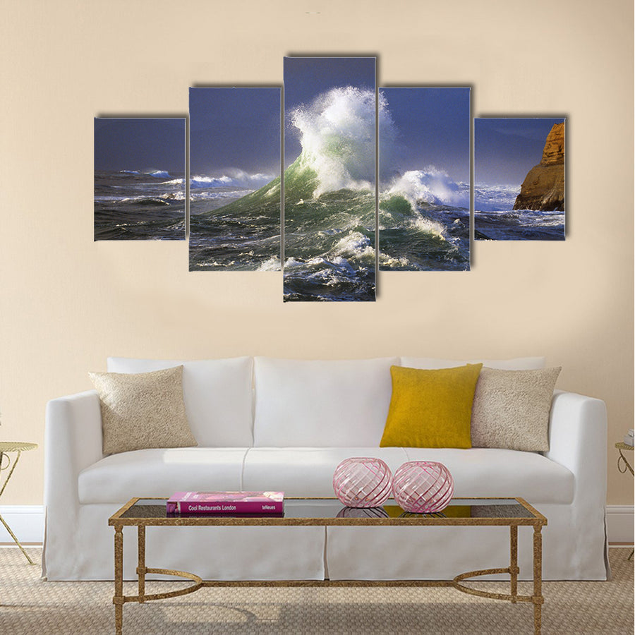 Wave crashing, distant storm, Cape Kiwanda Multi Panel Canvas Wall Art