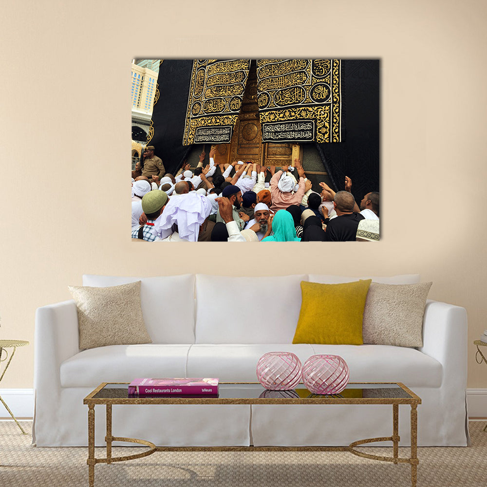 A close up view of Kaaba at Masjidil Haram multi panel canvas wall art
