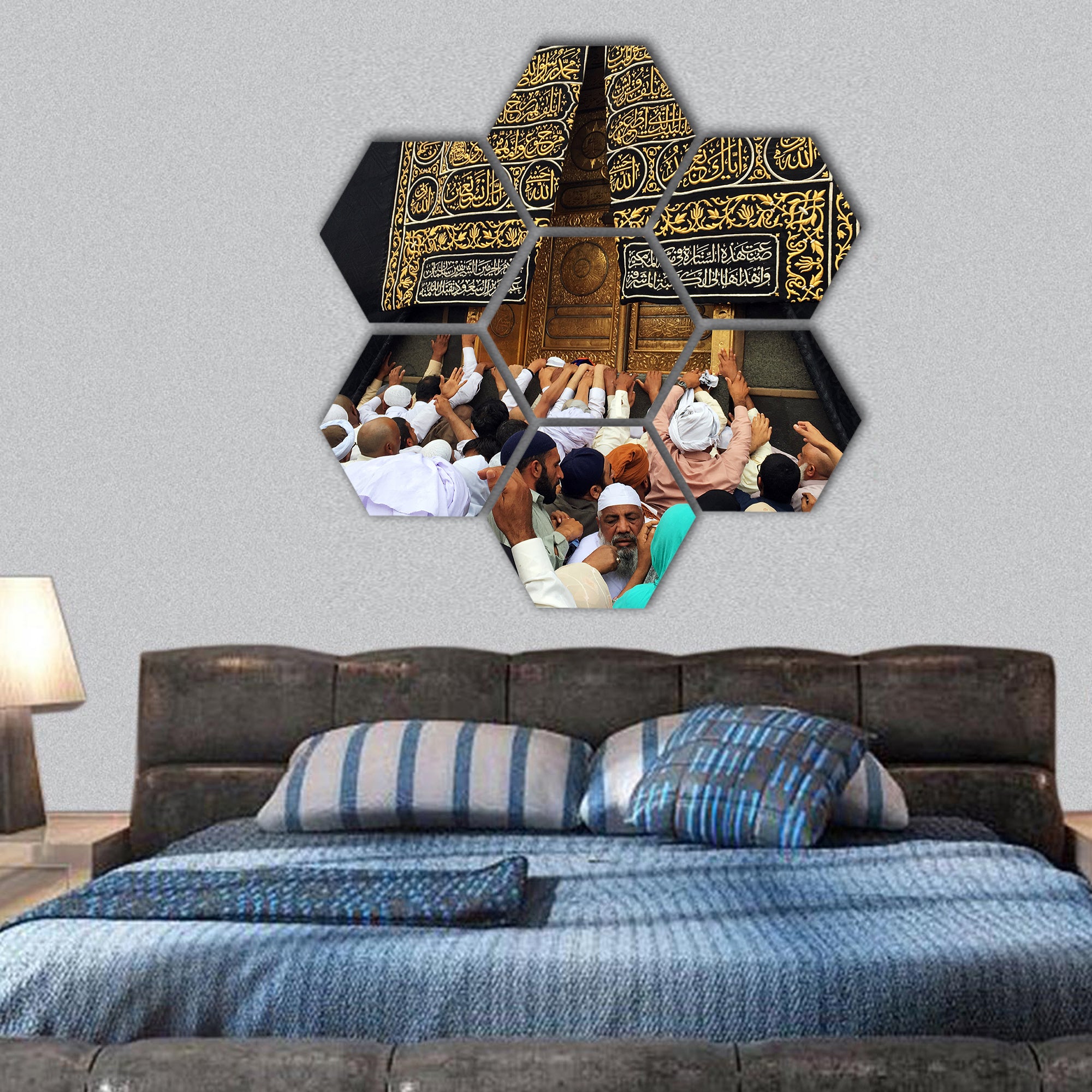view of Kaaba at Masjidil Haram in Makkah, hexagonal canvas wall art