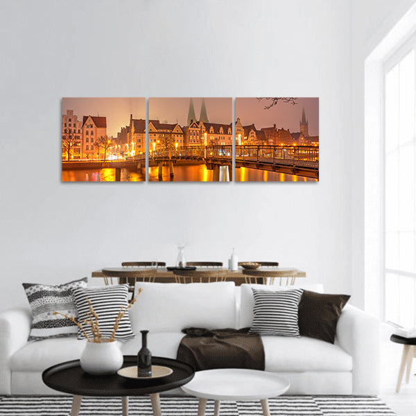 Old Town pier architecture in Lubeck, Germany panoramic canvas wall art