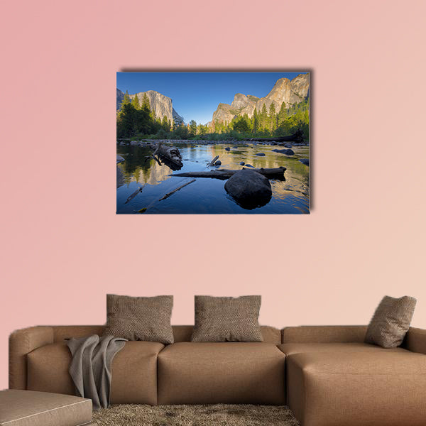 Classic view of scenic Yosemite Valley with famous  Multi panel canvas wall art