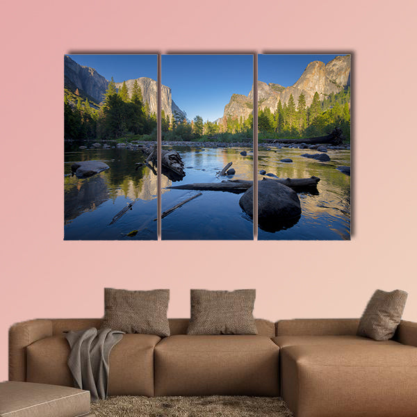 Classic view of scenic Yosemite Valley with famous  Multi panel canvas wall art