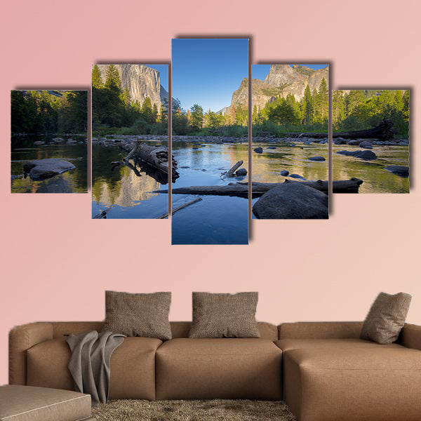 Classic view of scenic Yosemite Valley with famous  Multi panel canvas wall art