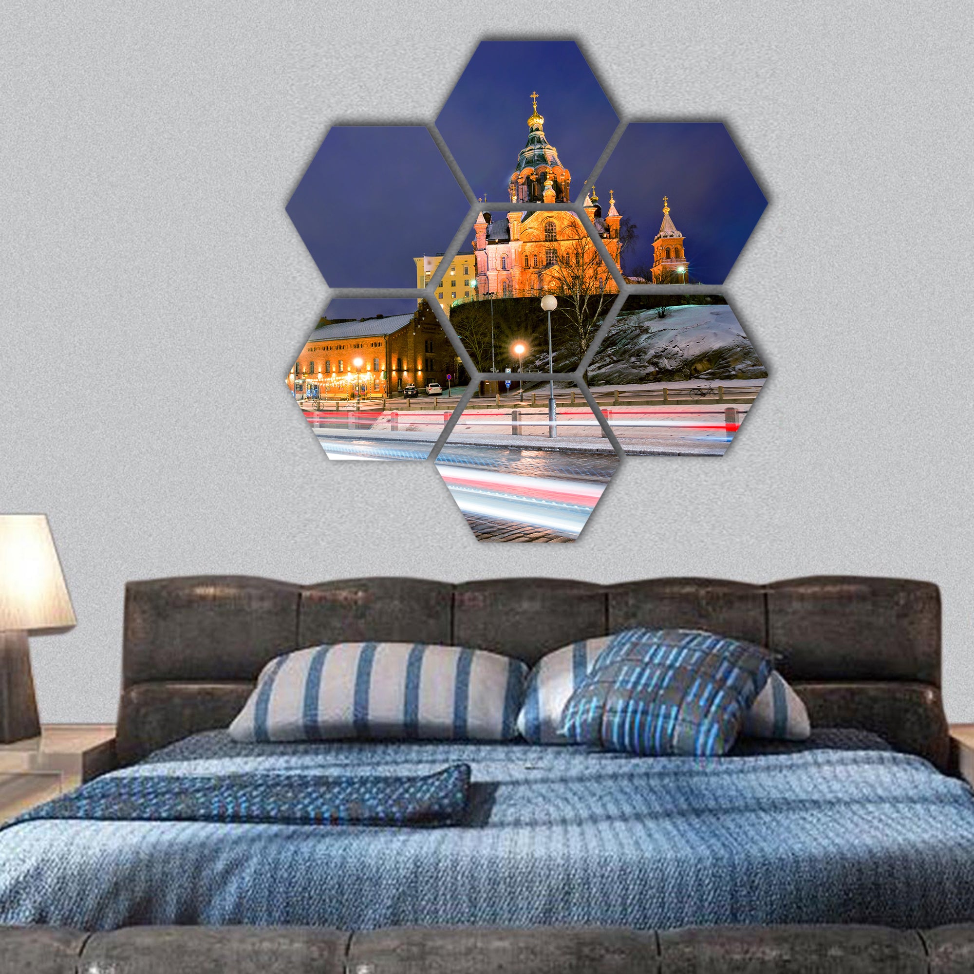 Winter view the Uspenski Orthodox Cathedral in Finland hexagonal canvas wall art