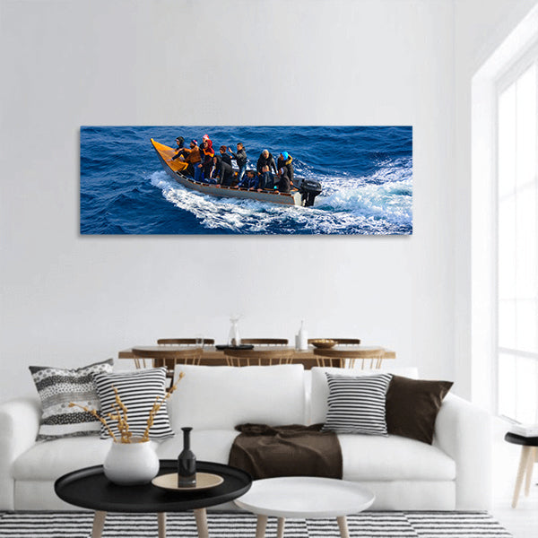 Peoples on electronic boat panoramic canvas wall art