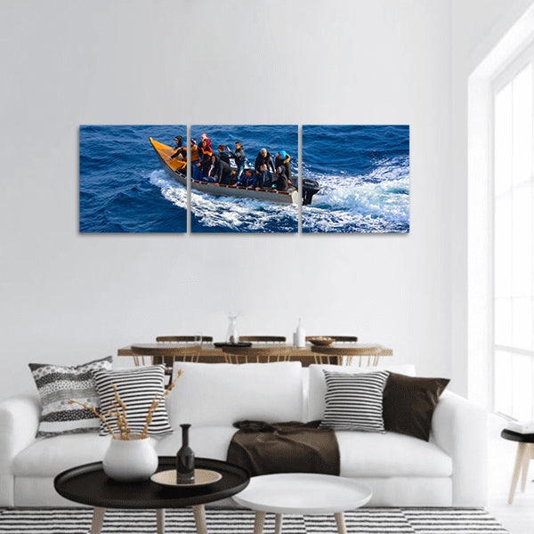 Peoples on electronic boat panoramic canvas wall art