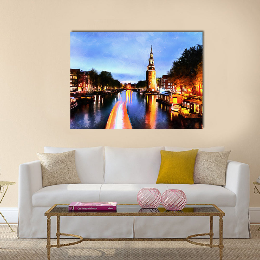 Beautiful calm night view of Amsterdam city multi panel canvas wall art