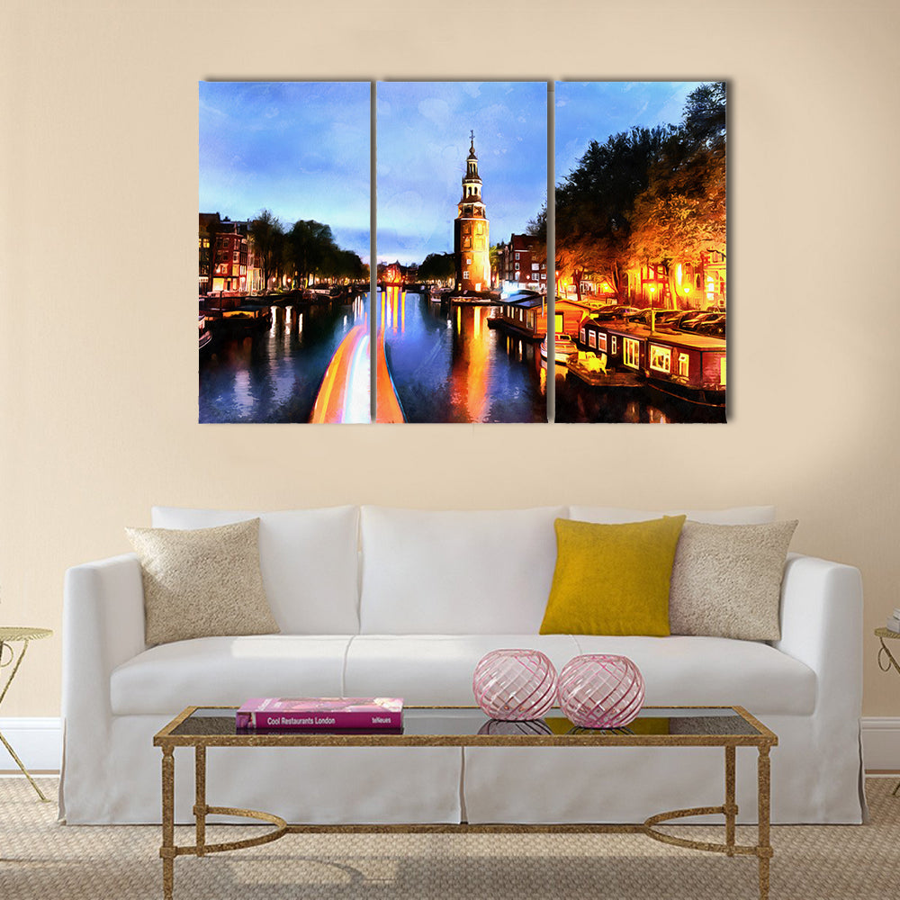 Beautiful calm night view of Amsterdam city multi panel canvas wall art