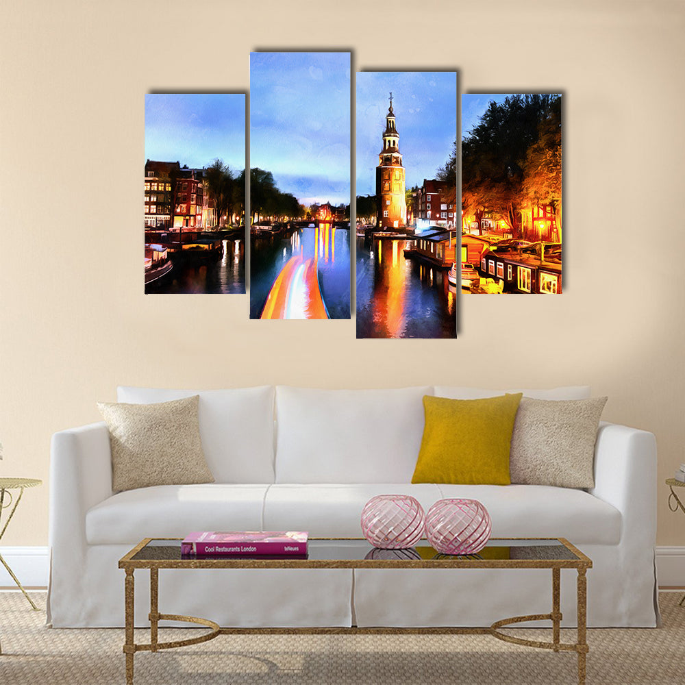Beautiful calm night view of Amsterdam city multi panel canvas wall art
