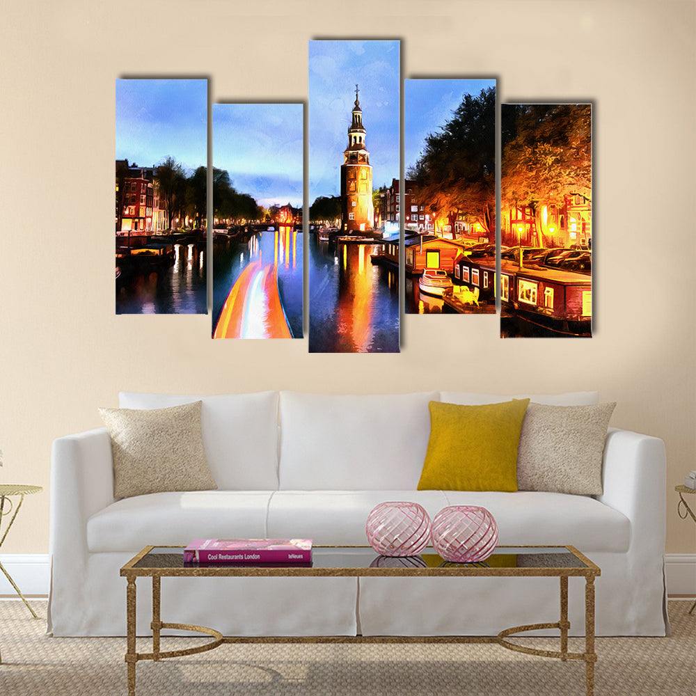 Beautiful calm night view of Amsterdam city multi panel canvas wall art
