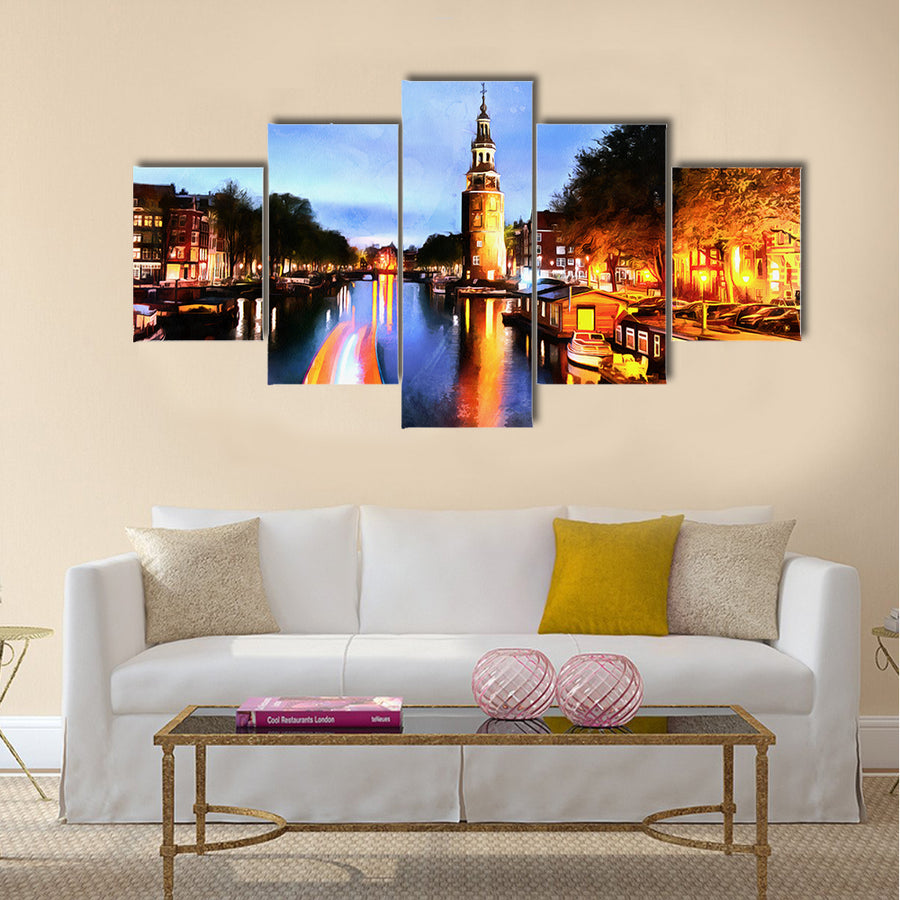 Beautiful calm night view of Amsterdam city multi panel canvas wall art
