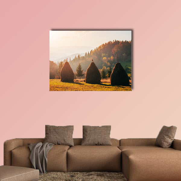 Traditional hay stacks, typical rural scene. Carpathian. Ukraine, Europe.