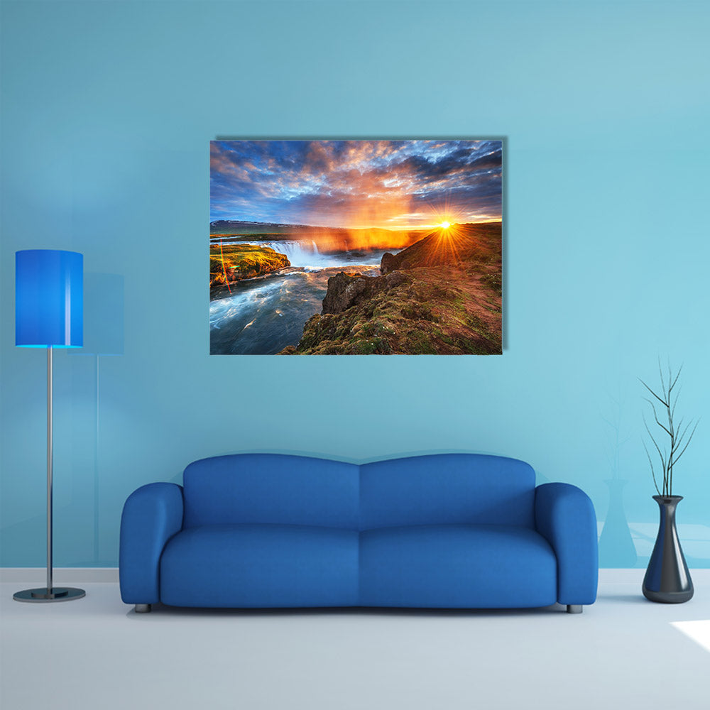 The picturesque sunset over landscapes and waterfall, Kirkjufel multi panel canvas wall art