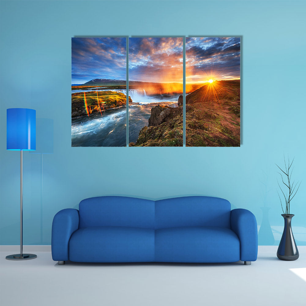 The picturesque sunset over landscapes and waterfall, Kirkjufel multi panel canvas wall art