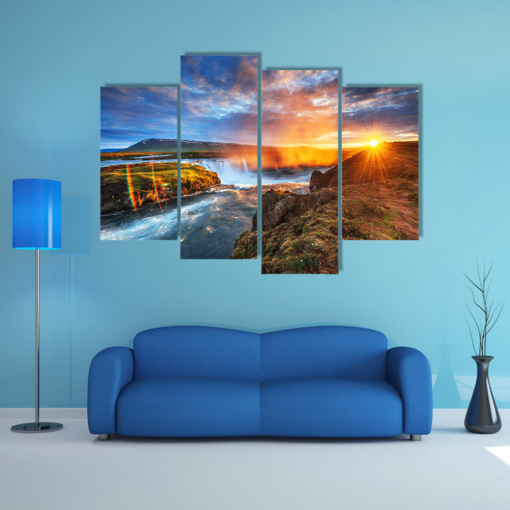 The picturesque sunset over landscapes and waterfall, Kirkjufel multi panel canvas wall art