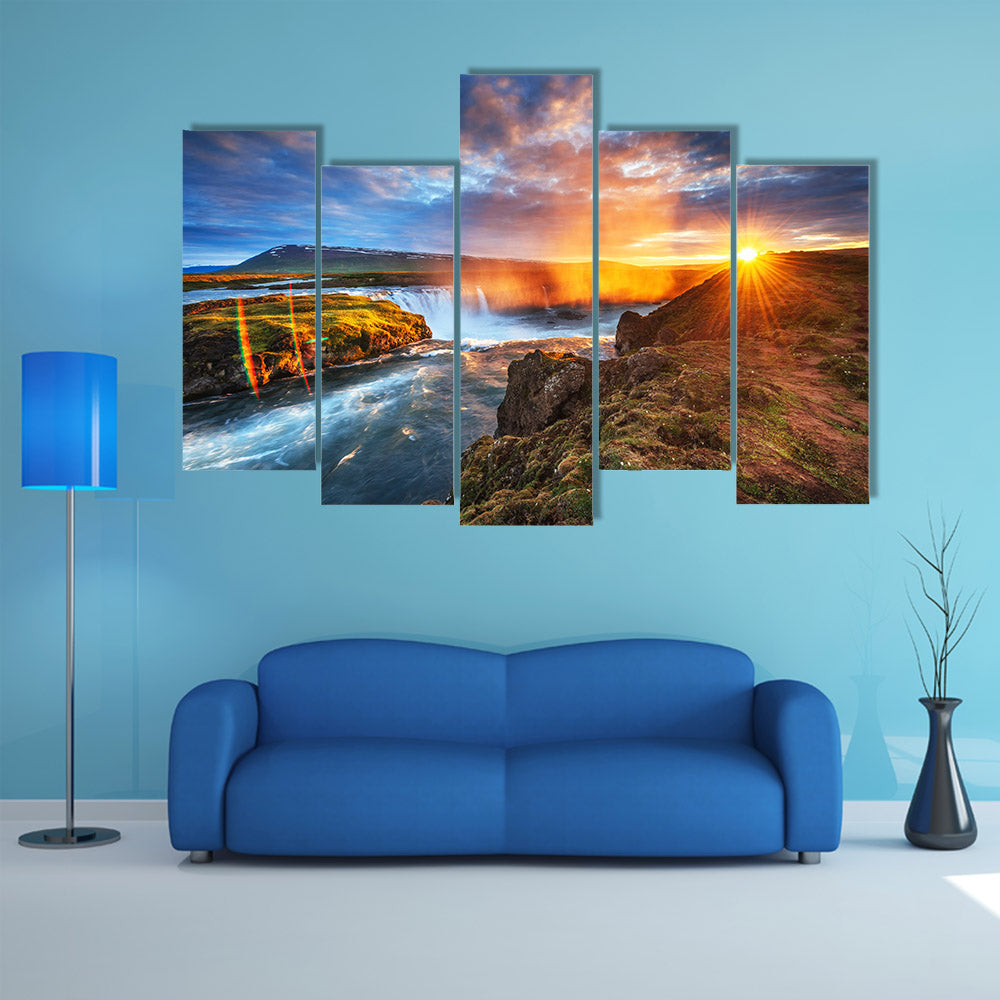 The picturesque sunset over landscapes and waterfall, Kirkjufel multi panel canvas wall art
