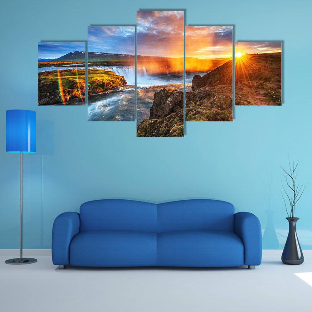 The picturesque sunset over landscapes and waterfall, Kirkjufel multi panel canvas wall art
