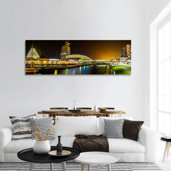 Night in Bremerhaven, nicely illuminated panoramic canvas wall art