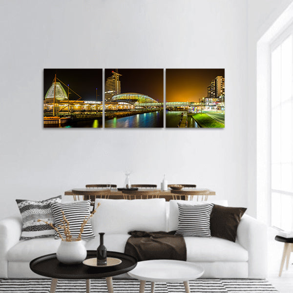Night in Bremerhaven, nicely illuminated panoramic canvas wall art