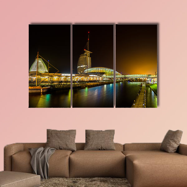 Night in Bremerhaven, nicely illuminated multi panel canvas wall art