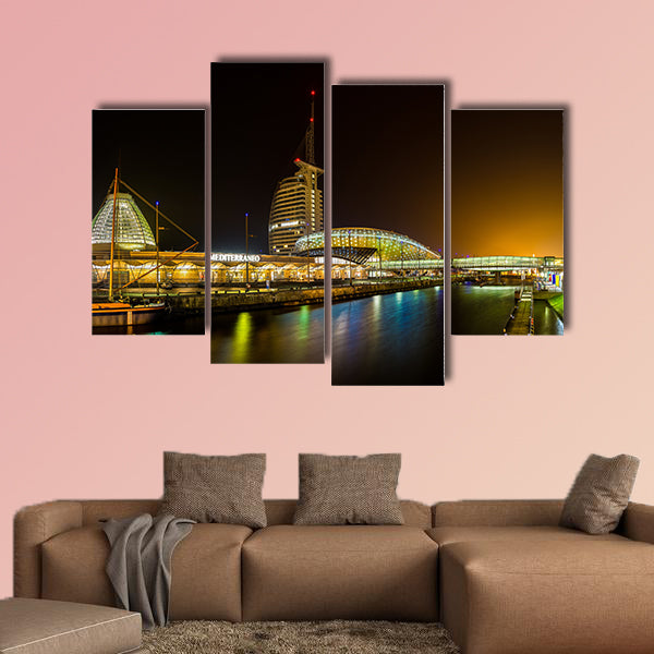 Night in Bremerhaven, nicely illuminated multi panel canvas wall art