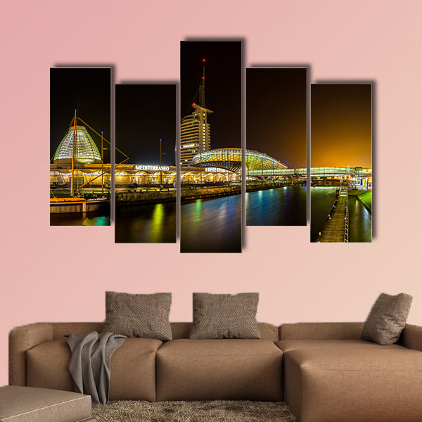 Night in Bremerhaven, nicely illuminated multi panel canvas wall art