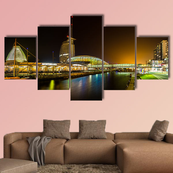 Night in Bremerhaven, nicely illuminated multi panel canvas wall art