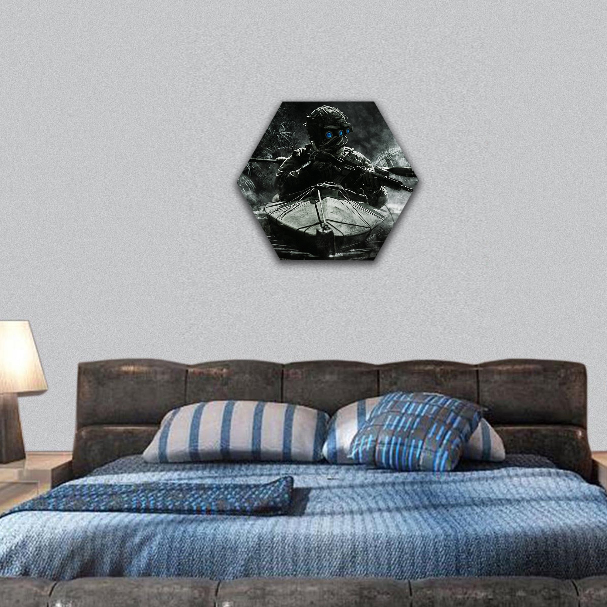 Two special forces operators with night vision goggles hexagonal canvas wall art