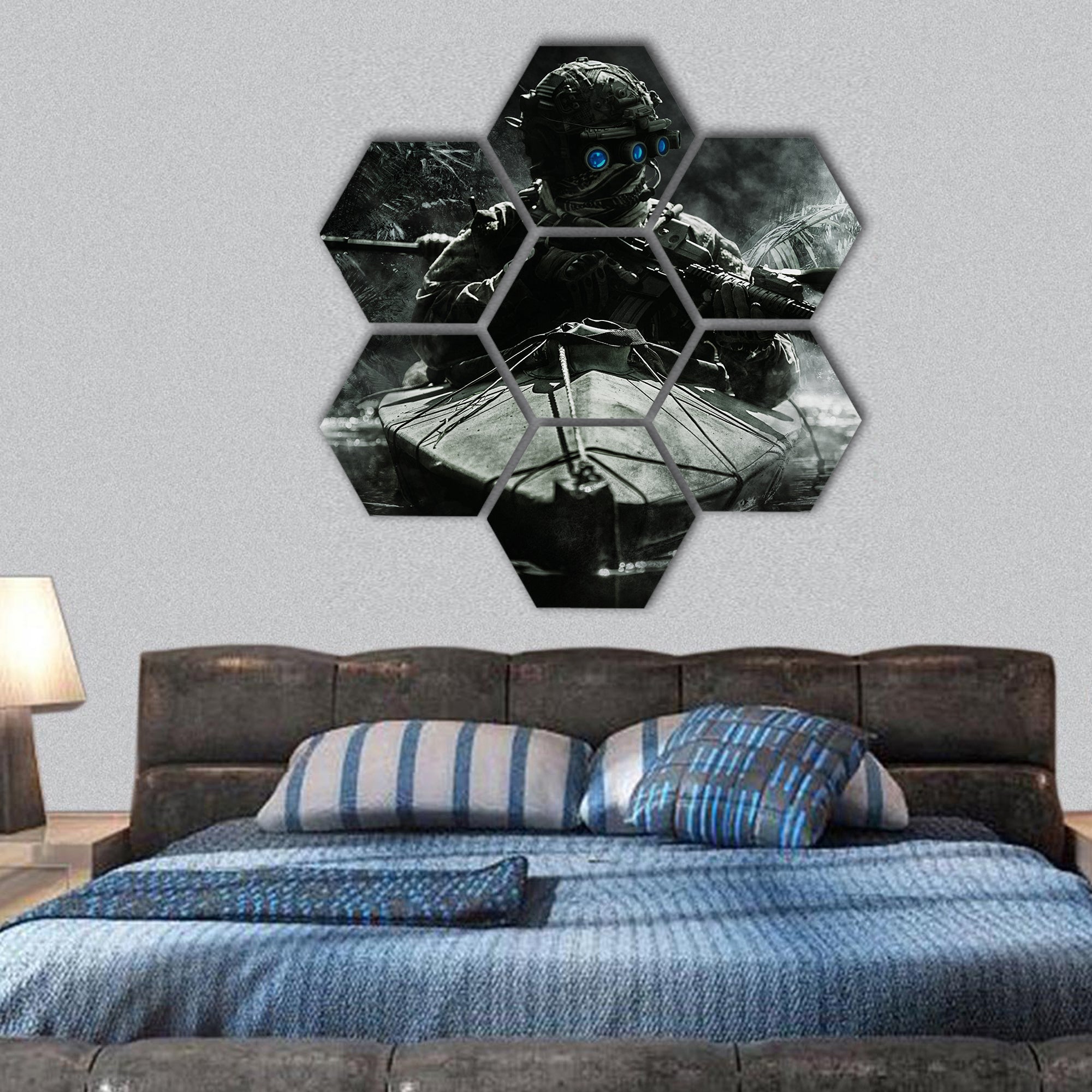 Two special forces operators with night vision goggles hexagonal canvas wall art