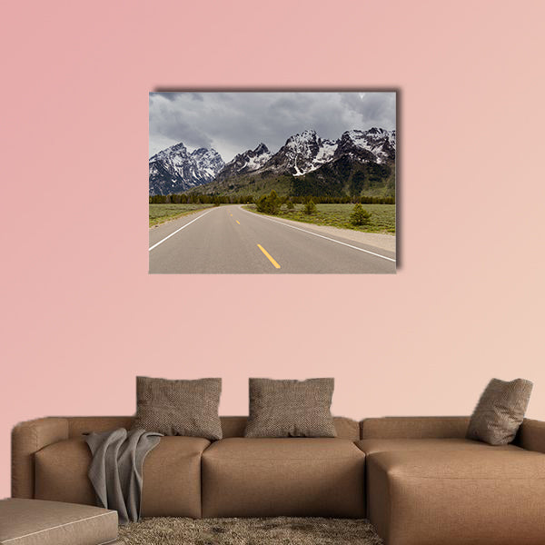 Grand Tetons Mountains with snow and a road Multi panel canvas wall art