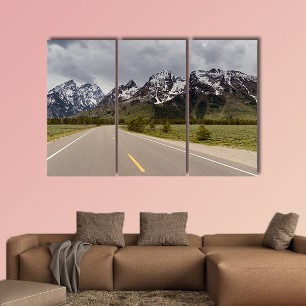 Grand Tetons Mountains with snow and a road Multi panel canvas wall art