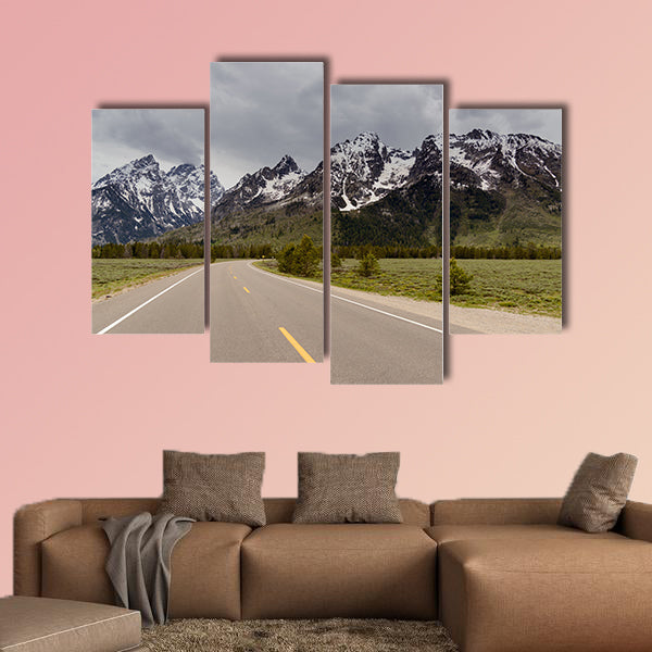 Grand Tetons Mountains with snow and a road Multi panel canvas wall art