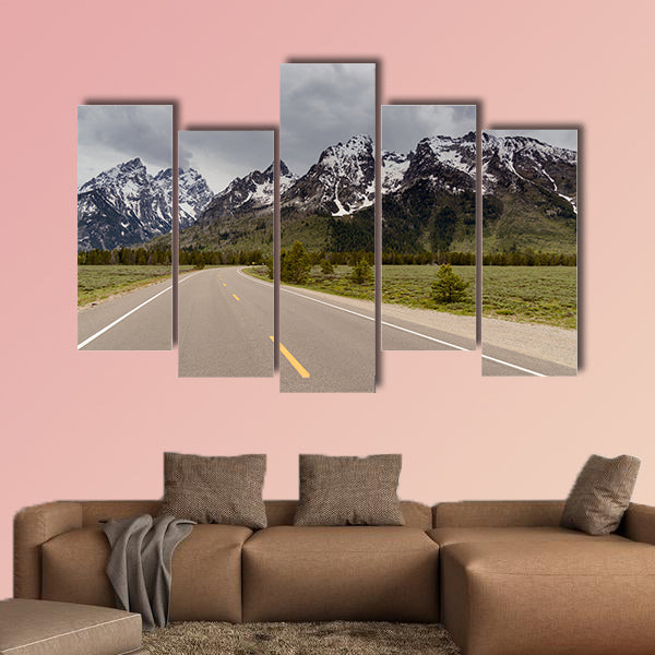 Grand Tetons Mountains with snow and a road Multi panel canvas wall art