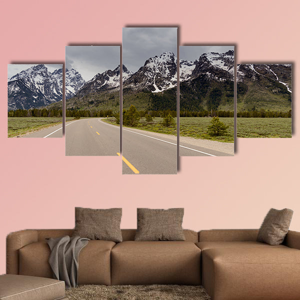 Grand Tetons Mountains with snow and a road Multi panel canvas wall art