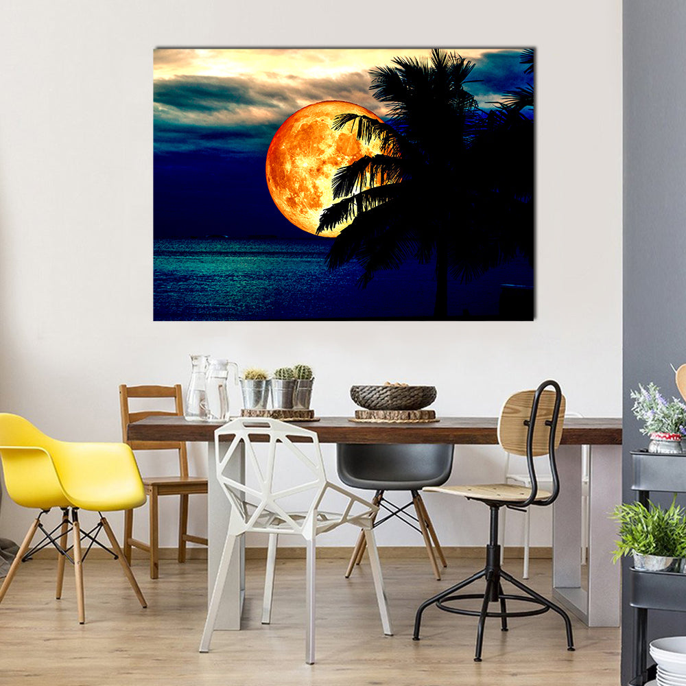 Full Blood Moon And Coconut Tree Multi Panel Canvas Wall Art