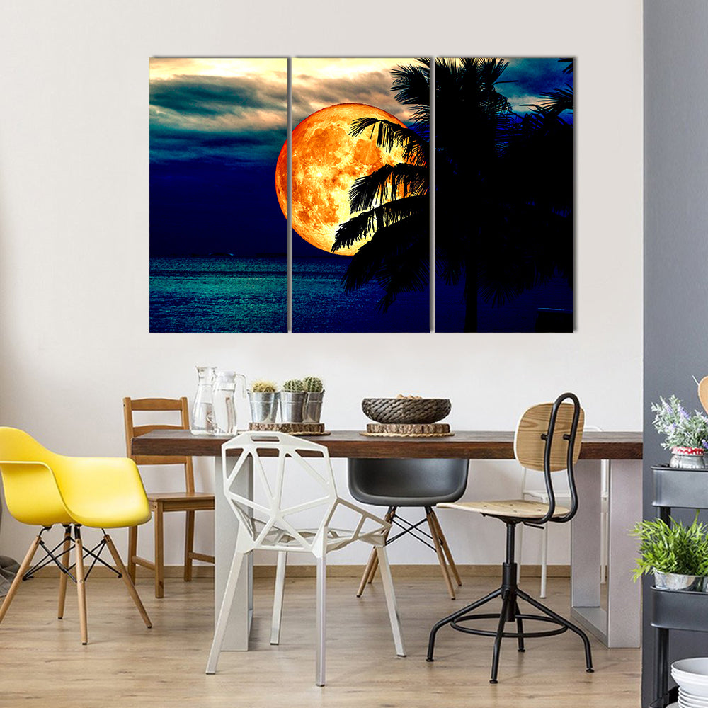 Full Blood Moon And Coconut Tree Multi Panel Canvas Wall Art
