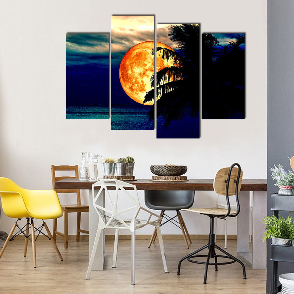 Full Blood Moon And Coconut Tree Multi Panel Canvas Wall Art