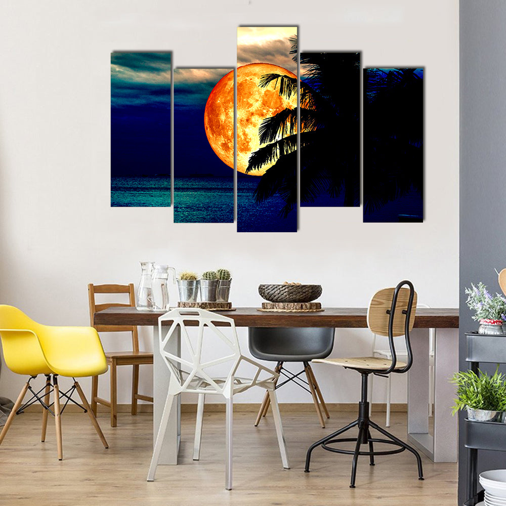 Full Blood Moon And Coconut Tree Multi Panel Canvas Wall Art