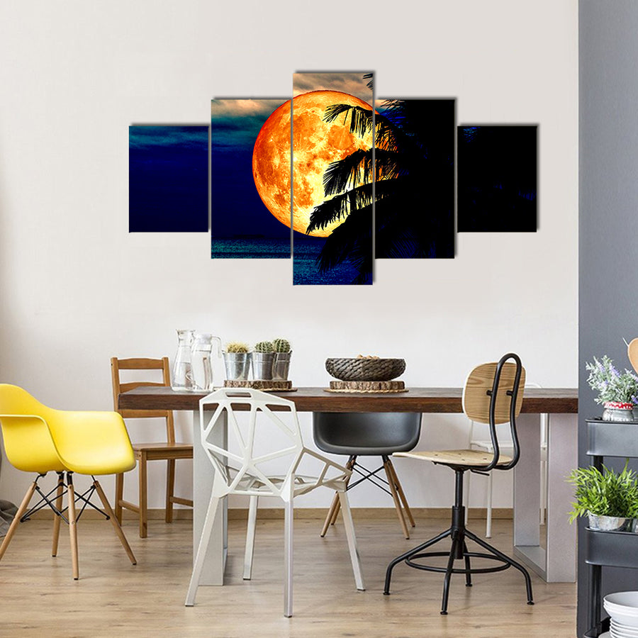 Full Blood Moon And Coconut Tree Multi Panel Canvas Wall Art