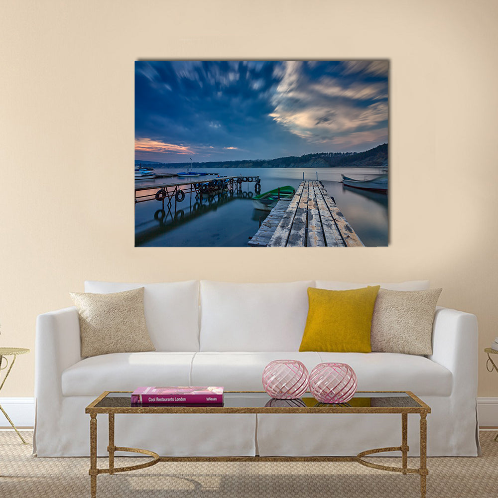 exciting long exposure seascape on harbor with wooden pier and boat multi panel canvas wall art
