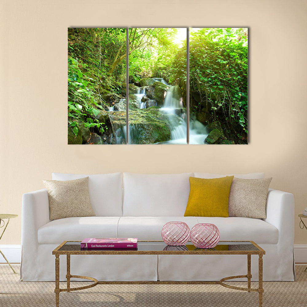 Beautiful waterfall on small forest stream Multi Panel Canvas Wall Art