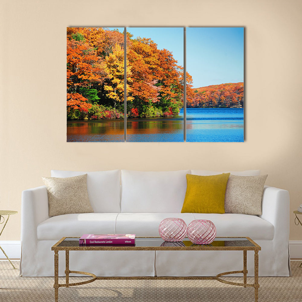 Autumn colorful foliage over lake Multi panel canvas wall art