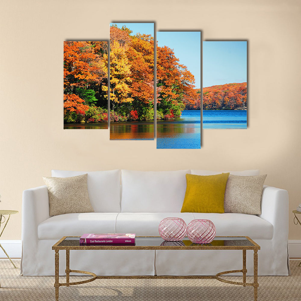 Autumn colorful foliage over lake Multi panel canvas wall art