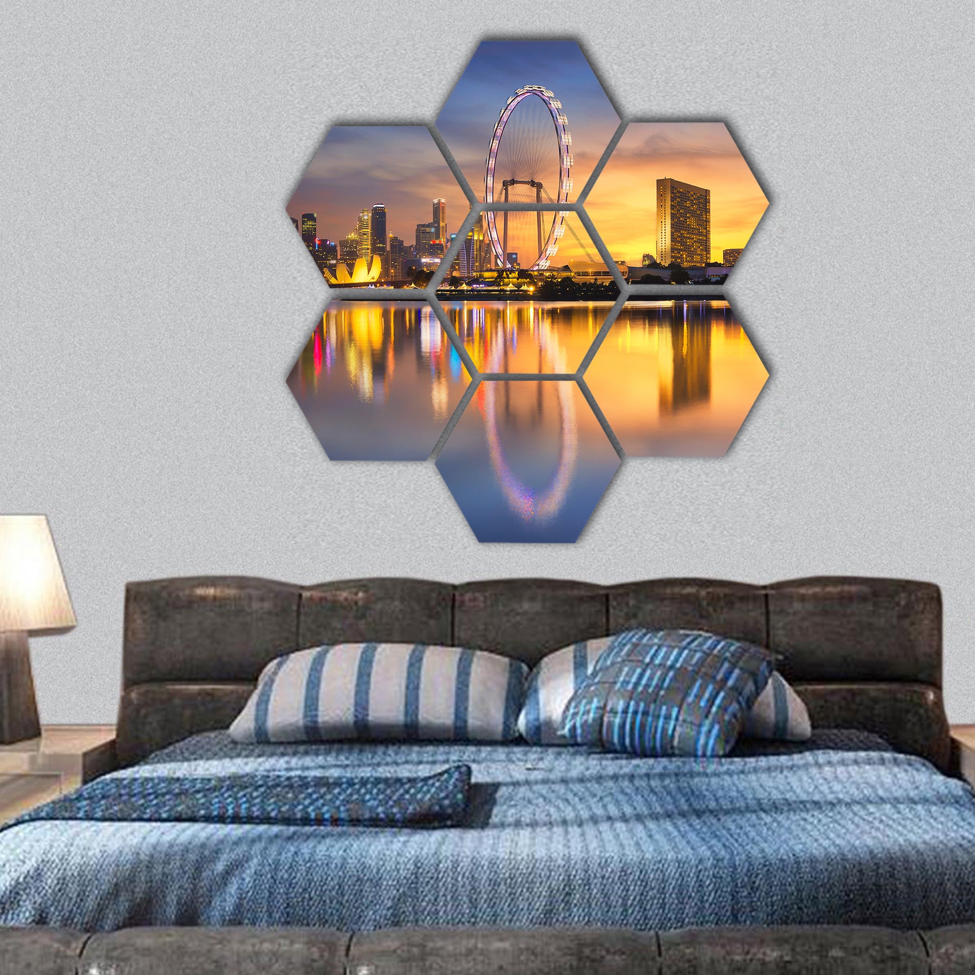 Singapore Skyline marina bay and garden by the bay hexagonal canvas wall art
