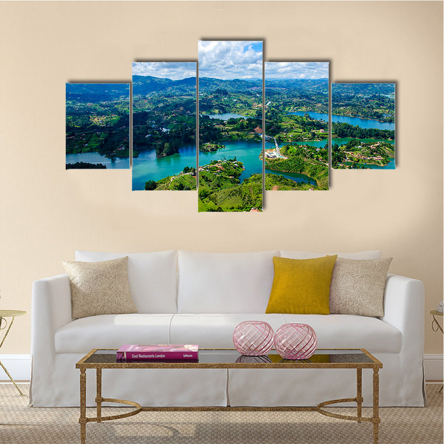 Panoramic View Of A Rock Of Guatape In Columbia, Multi Panel Canvas Wall Art