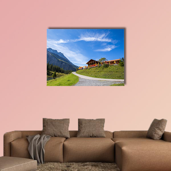 The panorama in summer view over the Oeschinensee multi panel canvas wall art