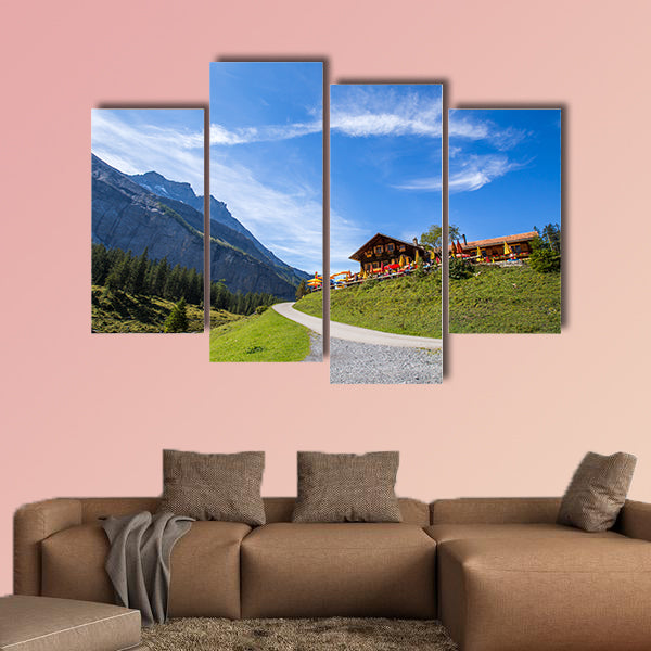 The panorama in summer view over the Oeschinensee multi panel canvas wall art